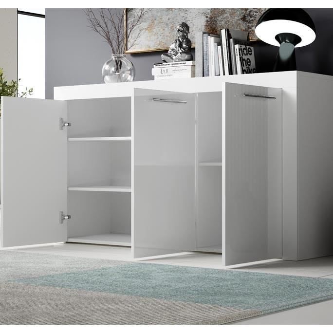 Sideboard mit 3 Türen | 144 x 80 x 42 cm | Weiß Hochglanz | Stauraum | NELIA