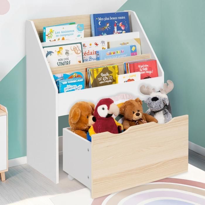 Estantería infantil IDMARKET MANA con 3 estantes y 1 cesta, con ruedas, color blanco y haya.