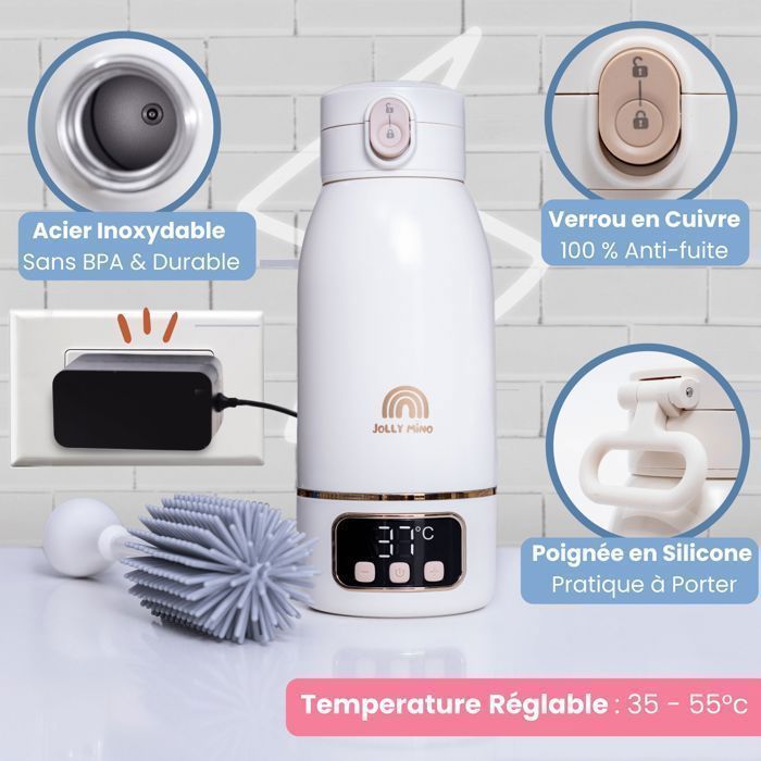 Jolly Mino Portable Wireless Baby Bottle Warmer 500ml, Heats Water Quickly, Cleaning Brush
