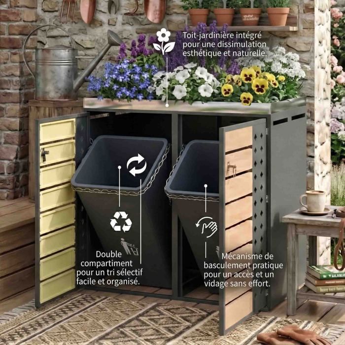 Cache-Poubelle Double 132×80×124.5cm - Bac à Fleurs Intégré - Tri Sélectif & Verrouillable - Acier Galvanisé Bois
