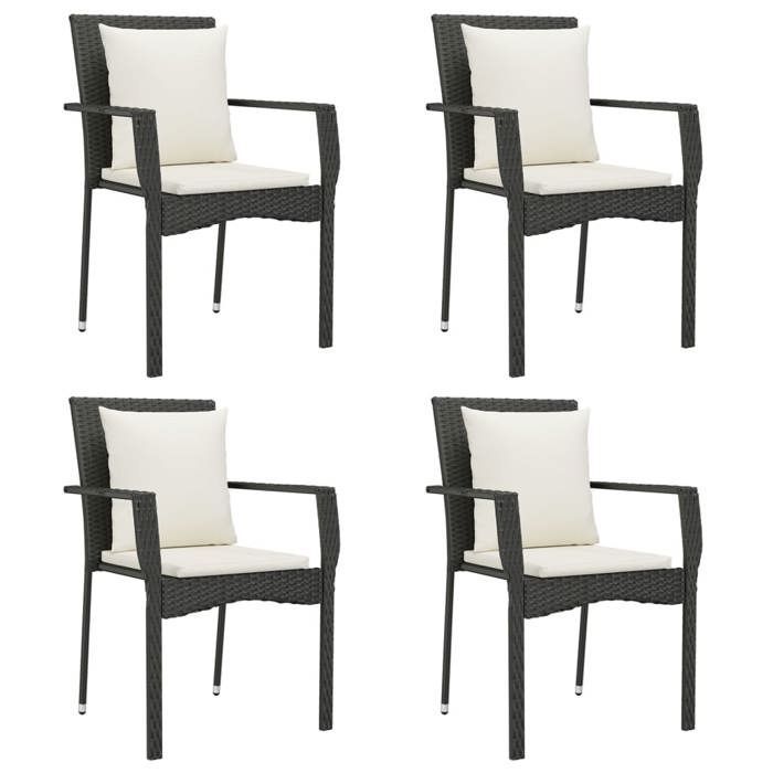 Tuineetset - BURKE - Geweven hars - 5-delig - Zwart - Crème-witte kussens - Tafel 140x70x74 cm