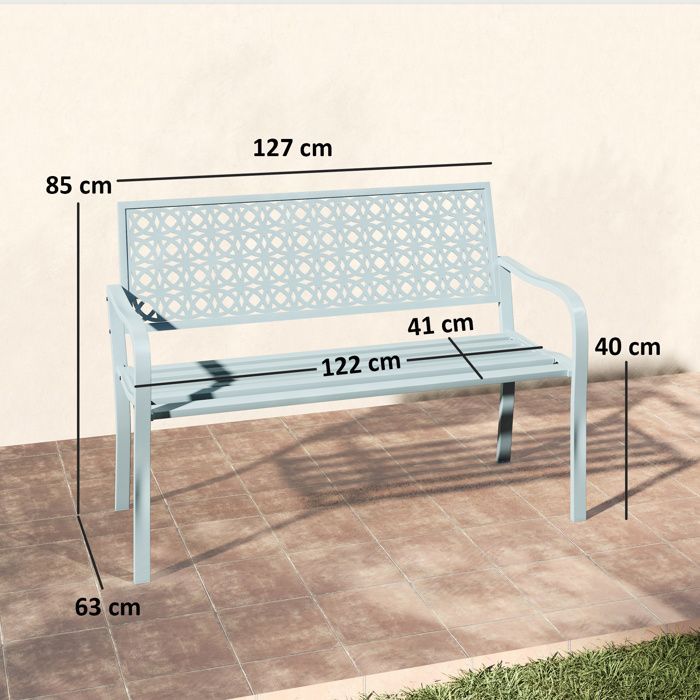 Panchina da giardino - Outsunny - 2 posti - schienale traforato - acciaio - per balcone, terrazzo, patio, veranda - 127 x 63 x 85 cm - blu