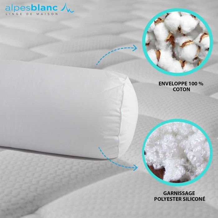 ALPES BLANC - Traversin 90 cm - Anti-Acariens et Anti-Bactériens - Confort Moelleux - Enveloppe Coton - Fabrication Française