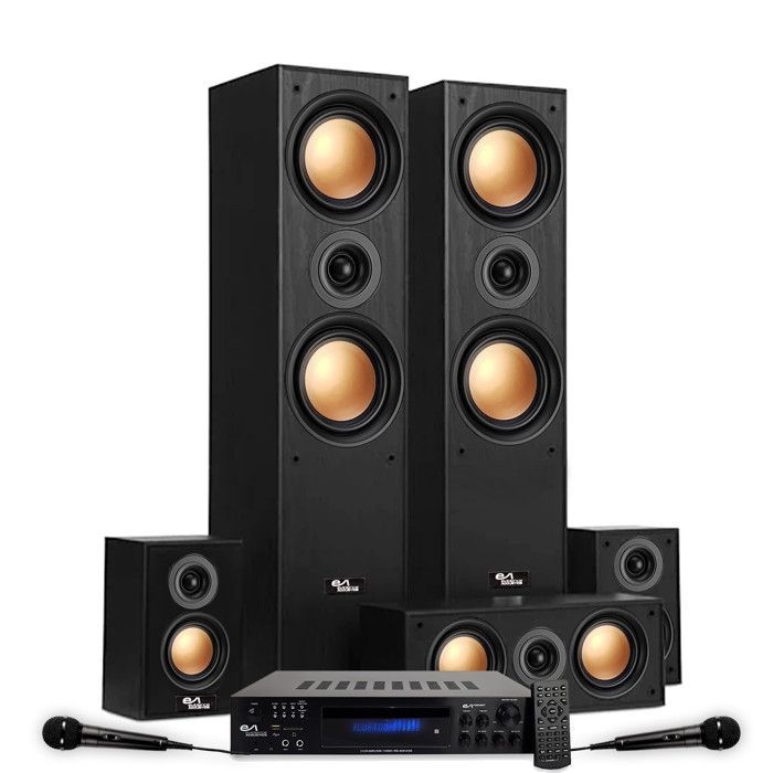 Sistema de Home Cinema 5.1 - Evidence Acoustics EA950-PG - 5 Caixas Acústicas de Cobre, 850W, Amplificadas, USB, Bluetooth, Rádio FM - 2 Microfones de Karaokê