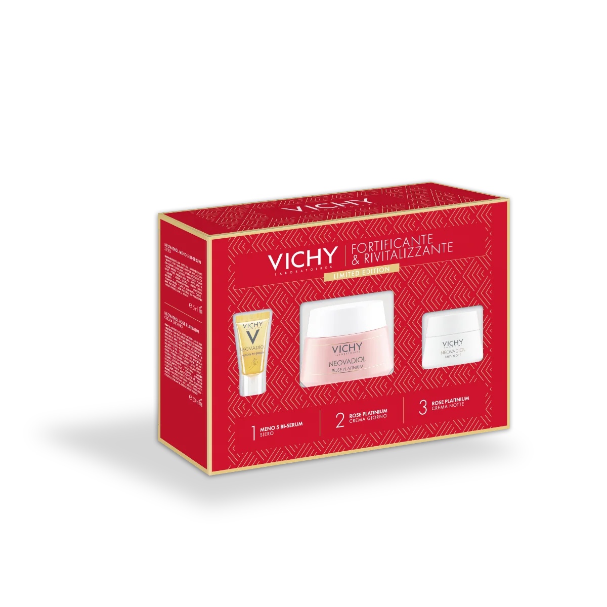 VICHY Neovadiol Kerstcadeauset 2023: Neovadiol Meno 5 Bi-Serum serum + Neovadiol Rose Platinium dagcrème + Neovadiol Rose Platinium nachtcrème.