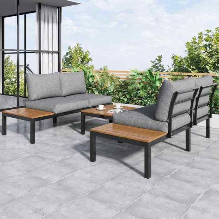 Salon de jardin - LANGTU - 5 pièces - Acacia massif - Structure acier galvanisé - Coussins déhoussables gris