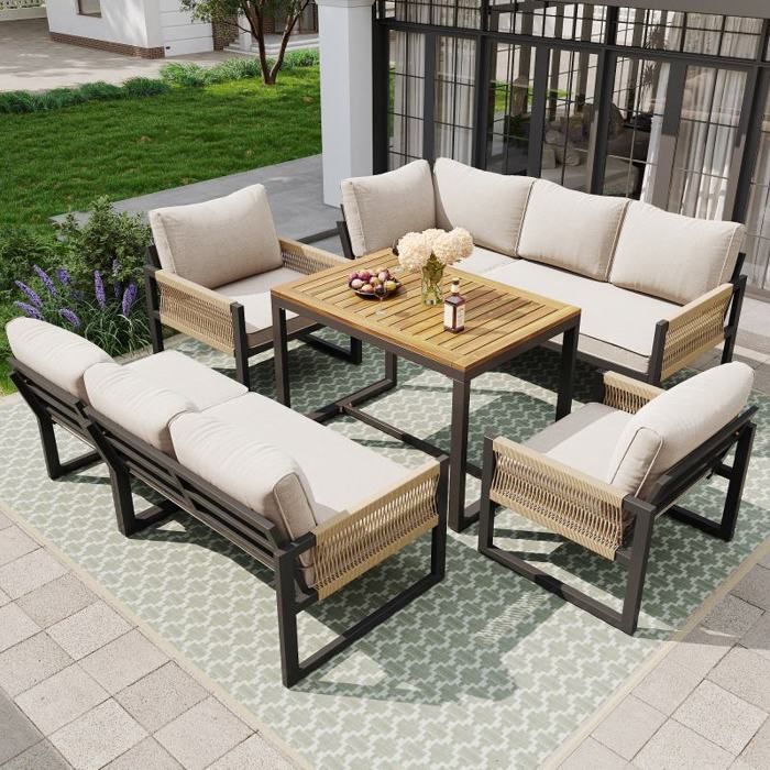 Gartenmöbelset LANGTU – Modulares 8-Sitzer-Set – 8 cm dicke Kissen – Seilgeflecht – Tisch 95 x 63 x 65 cm