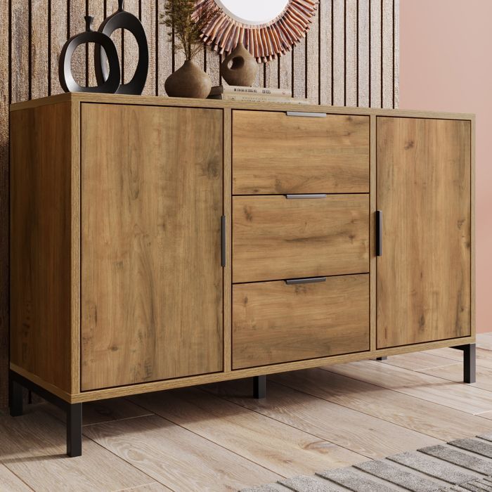 Commode met 2 deuren, 3 lades en verstelbare planken, geschikt voor de slaapkamer, eetkamer en woonkamer, eikenhout