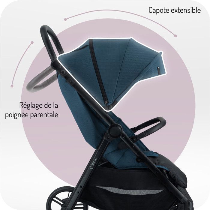 MoMi CLARA - Poussette 0m+ jusqu’à 22 kg - Barre rotative - Poignée réglable - Accessoires inclus : sac, housse pluie - Bleu