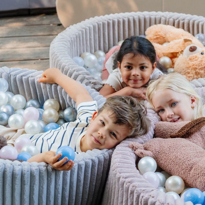 MISIOO Round Ball Pit for Babies and Children, Thick Corduroy, Grey, 90x30 cm, 200 Balls: Blue/Silver/Pearl White
