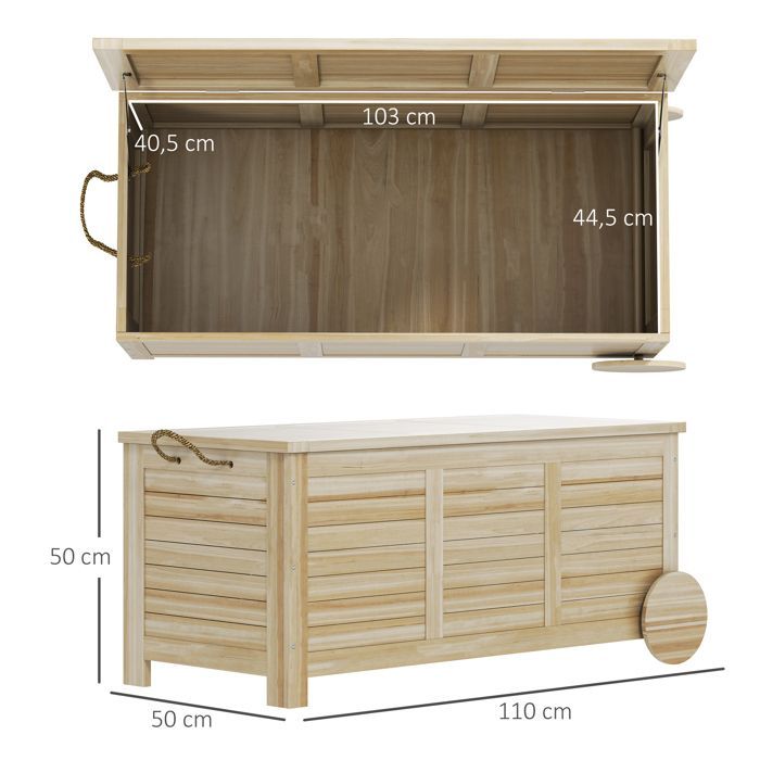 Caja de almacenamiento exterior Outsunny - 185 L - con ruedas y revestimiento interior - de madera - 110 x 50 x 50 cm - madera natural