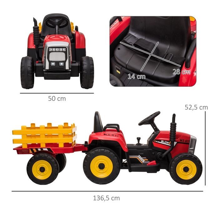 Tracteur électrique - HOMCOM - avec remorque amovible - avec télécommande MP3 musique affichage lumières - enfants 3-6 ans - rouge