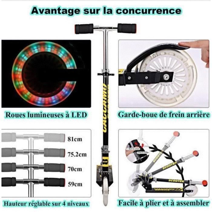 Patinete infantil/Patinete para niño - Patinete plegable para niños con 2 ruedas con luces LED intermitentes, altura ajustable, edades de 3 a 10 años (altura: 80-135 cm) - Negro