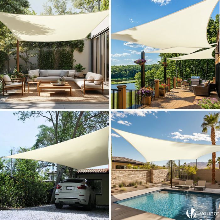 Vela de sombra rectangular impermeable de poliéster VOUNOT® con kit de montaje, 3x2 m, color beige.
