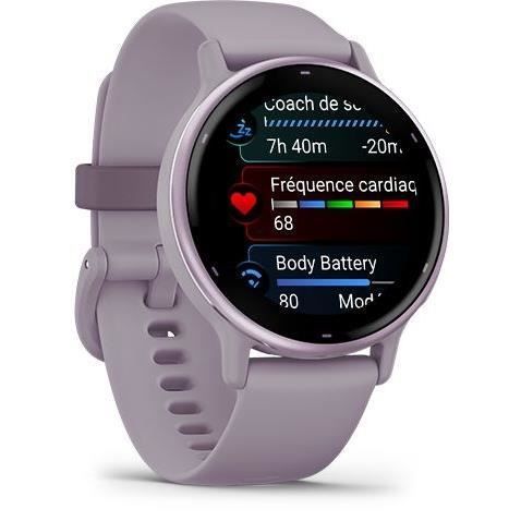 Smartwatch Garmin Vivoactive 5, colore orchidea metallizzata con cinturino viola.