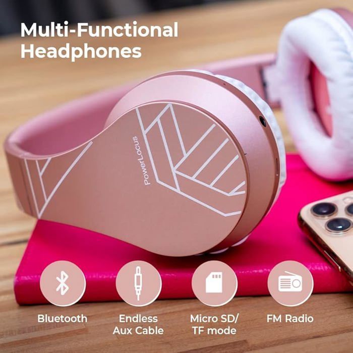 Auriculares Bluetooth inalámbricos supraaurales con micrófono integrado, sonido estéreo HD, ranura para tarjeta Micro SD/TF, modo FM, color oro rosa.