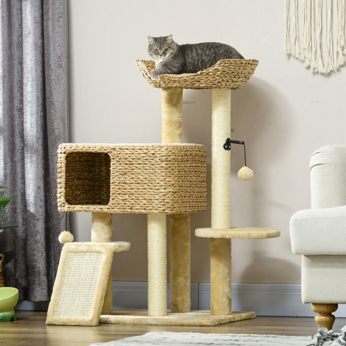 Árbol para gatos PawHut: rascador, guarida, cesta, plataformas de observación, centro con pompón, de felpa, 98 cm de altura, color beige.
