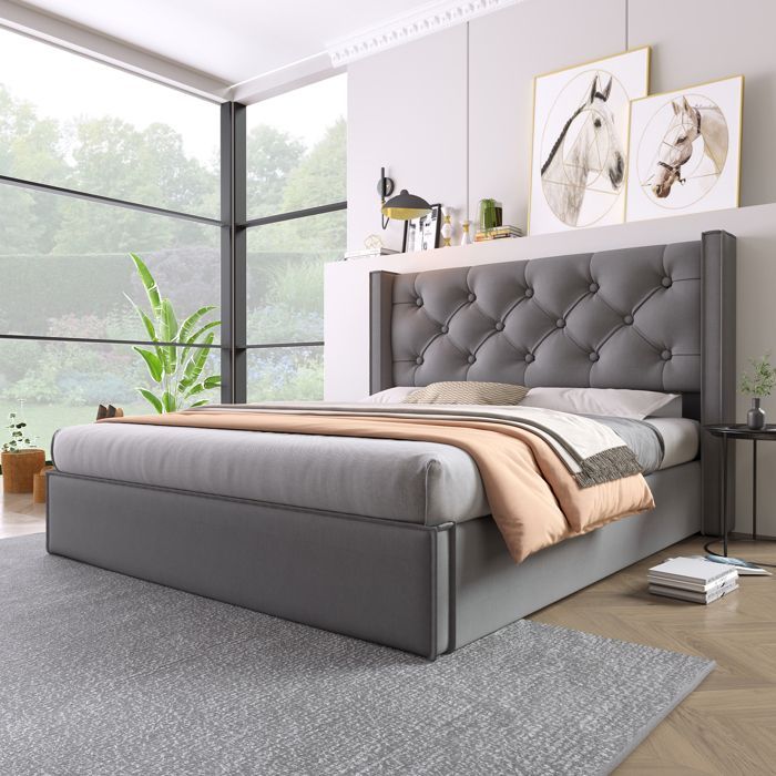 Cama doble hidráulica LINKHOO, tapizada, 160x200cm, estructura moderna con espacio de almacenamiento, algodón, gris.