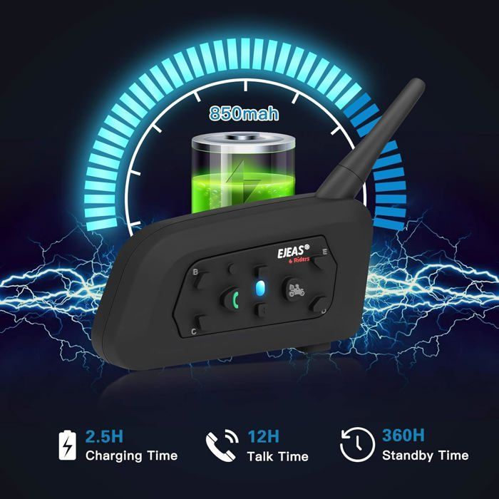 Motorcycle Intercom - V6 Pro - Bluetooth 3.0 - 12-hour Battery Life - Connects 6 Riders