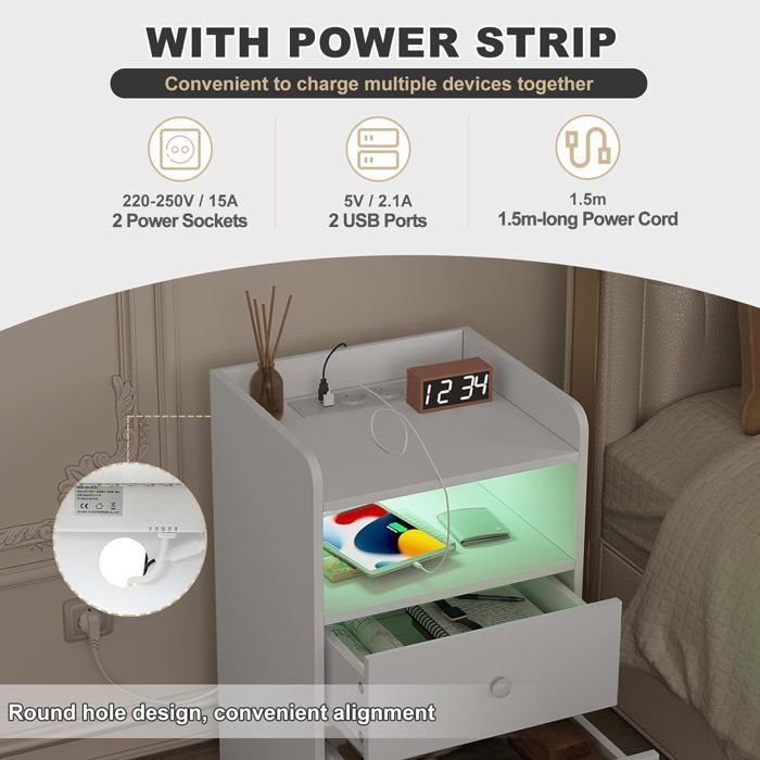 Juego de 2 mesitas de noche WOLTU con luz LED, mesa auxiliar con estación de carga, enchufes y puertos USB, color blanco W0ETT0150-2
