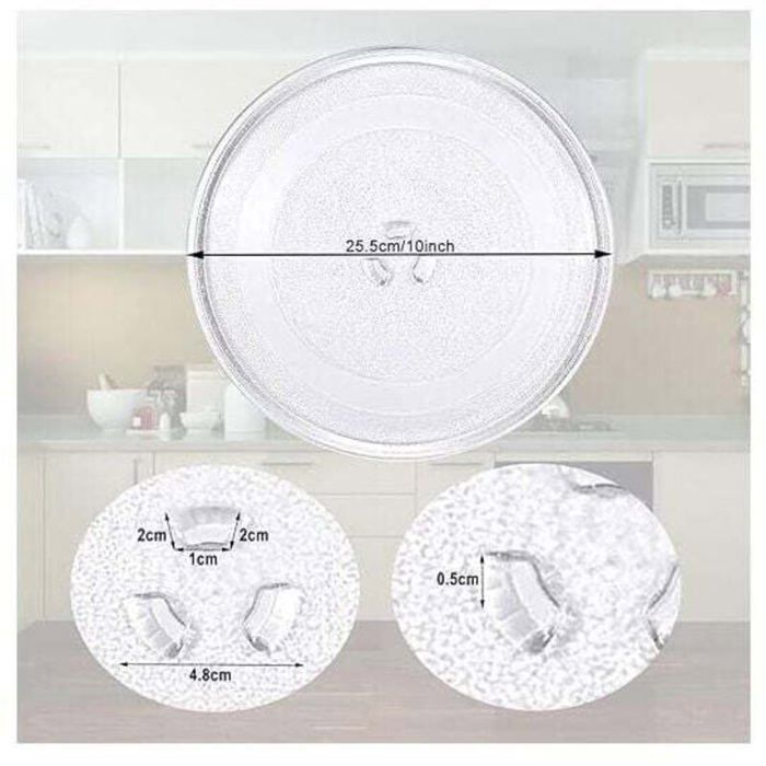 Plato giratorio para microondas de 25,5 cm, de vidrio, apto para microondas universal con 3 soportes de montaje, plato giratorio universal para microondas