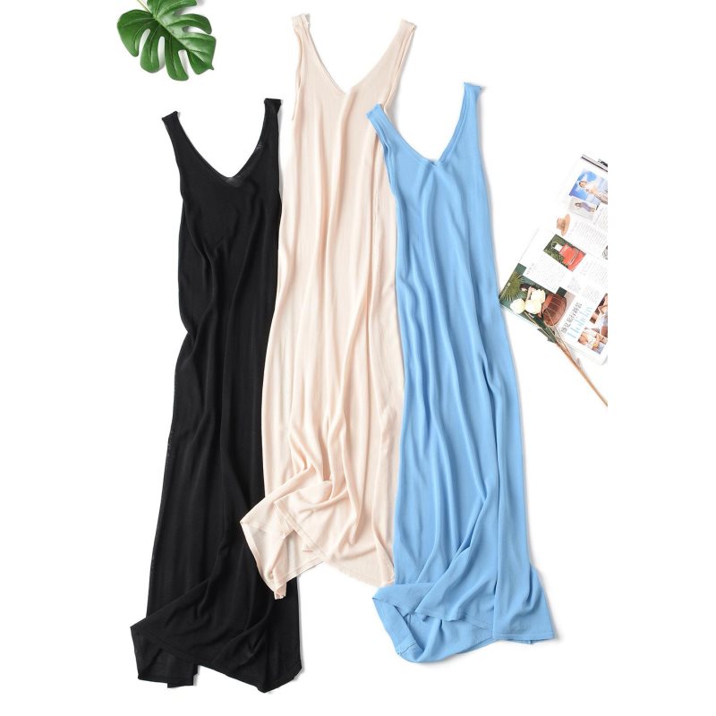 Robe débardeur tricotée pour femme, collection été 2020, vêtement décontracté, longue camisole sans manches, robe ample d'intérieur en coton.