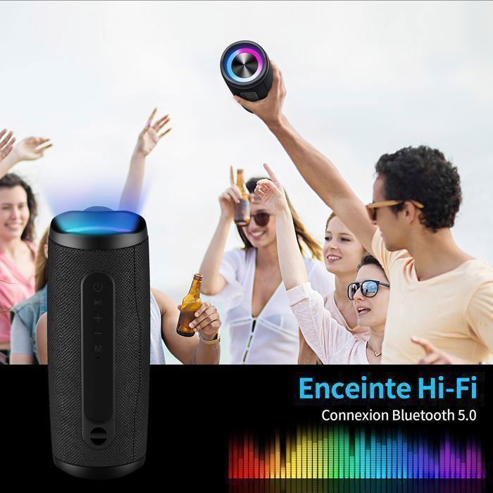 Enceinte Portable Bluetooth 5.0 VEATOOL 20W Puissant Subwoofer à 360° Capacité 2000mAh Autonomie 15H Etanche IPX5 Type-C Noir
