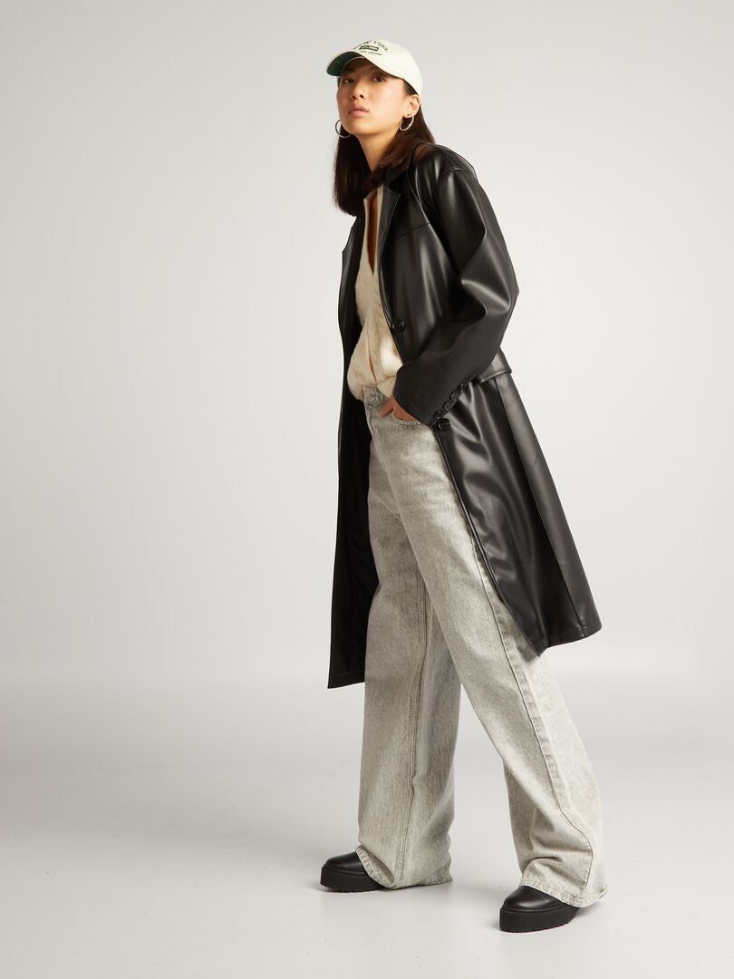 Trenchcoat van imitatieleer - zwart
