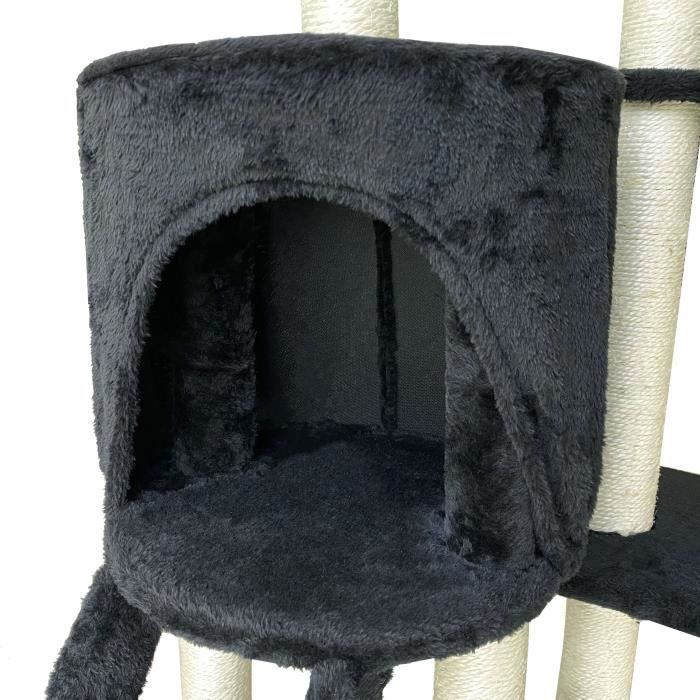 JIPSY Arbre à chat noir 79 x 34 x 138 cm - 3 plateformes, 1 perchoir, 1 niche,  1 escalier, poteaux à griffer