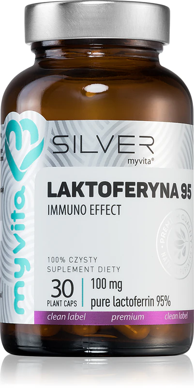 Cápsulas de suplemento alimentar MyVita Silver Lactoferrin 95 para fortalecer o sistema imunológico.