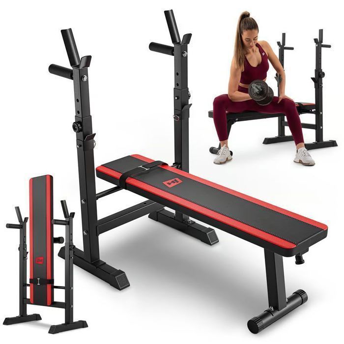 Hop-Sport HS-1080 Platte opklapbare halterbank met halterrek, multifunctionele trainingsbank, verstelbare beensteunen