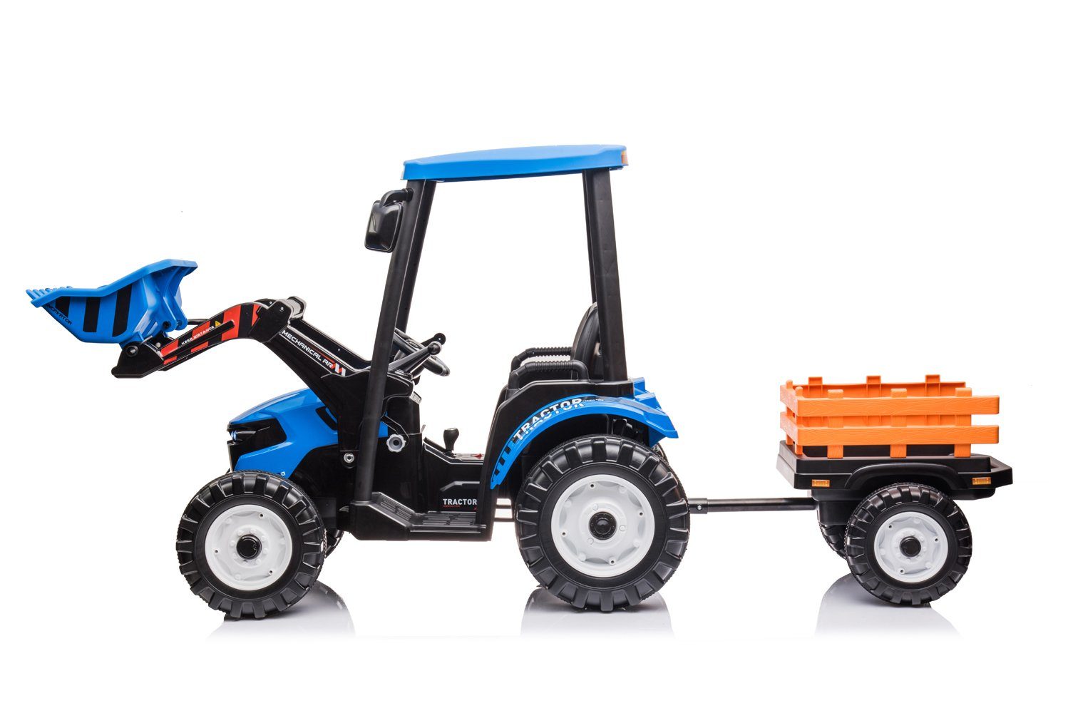 Kidix elektrisches Kinderauto, elektrischer Kindertraktor mit Schaufel, 2x120W 12V/10Ah Anhänger