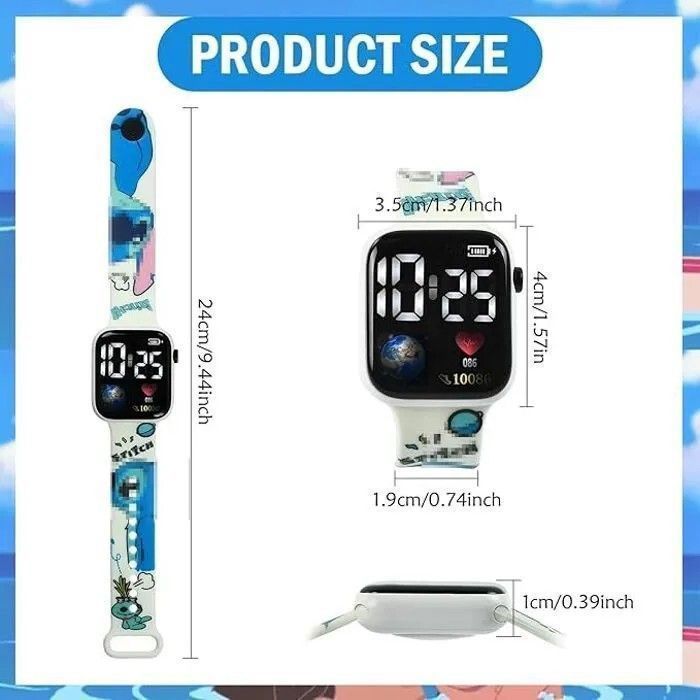 Reloj digital infantil de Lilo & Stitch: LED, correa suave, diseño colorido.