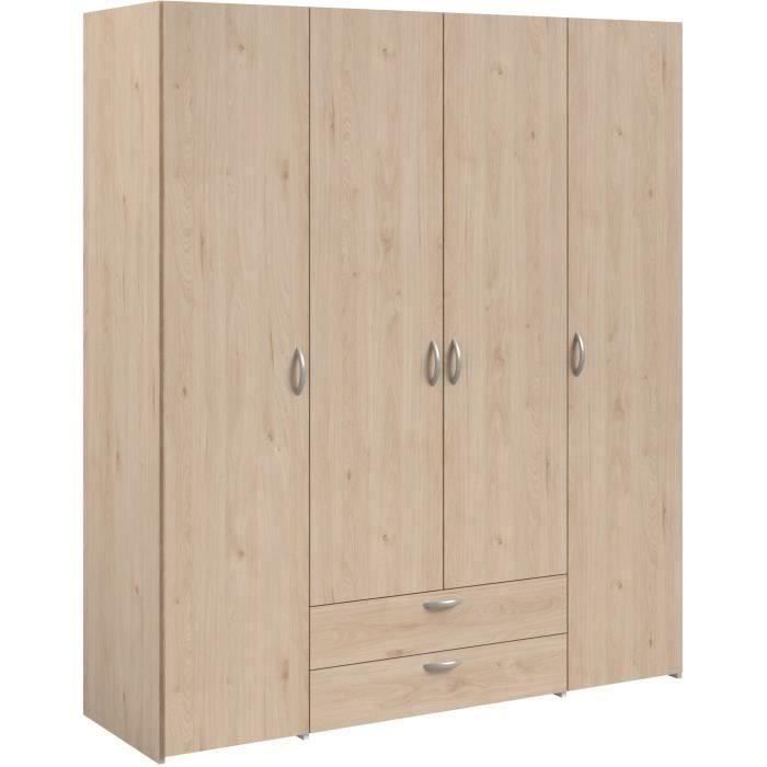 Armoire chambre VARIA - Décor chêne - 4 portes  battantes + 2 tiroirs - L 159,9 cm x P 51,3 cm x H 185 cm