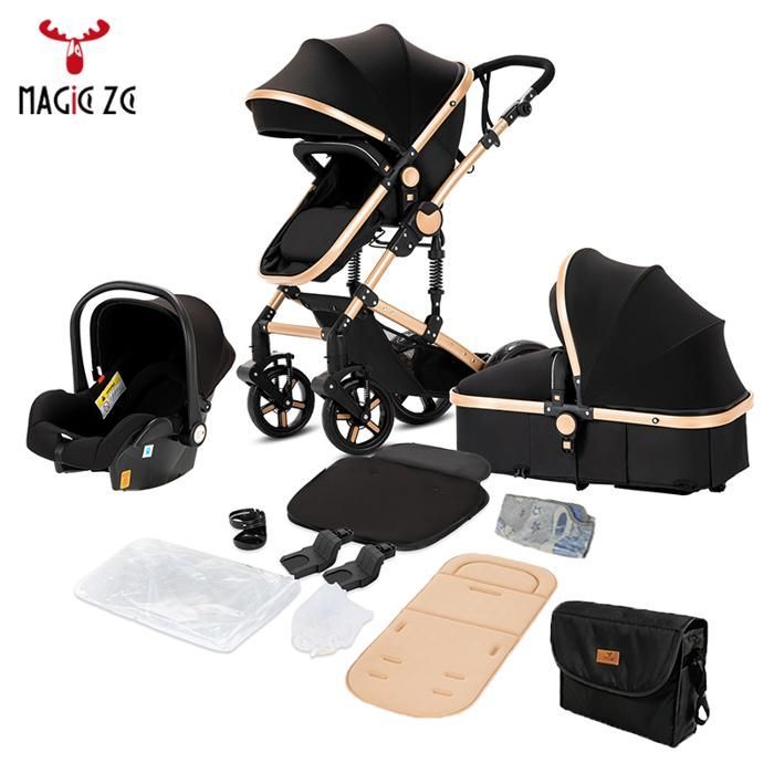 Poussette 3 en 1 Magic ZC Poussette Pousette trio 3 en 1 Pousette Avec habillage pluie Harnais de cinq points Sac à main Noir or