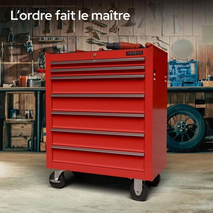 AREBOS Chariot d’atelier à 7 tiroirs en acier robuste – verrouillage central, roues pivotantes, surface résistante aux rayures