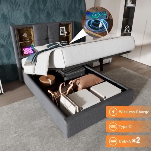 Letto imbottito 90 x 200 cm - Ricarica wireless USB C - Vano contenitore - Legno grigio