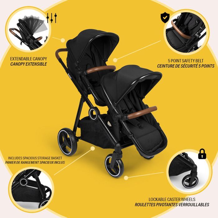 BANINNI Luiz - Double Stroller - From 0 to 36 months - Up to 22kg - Black