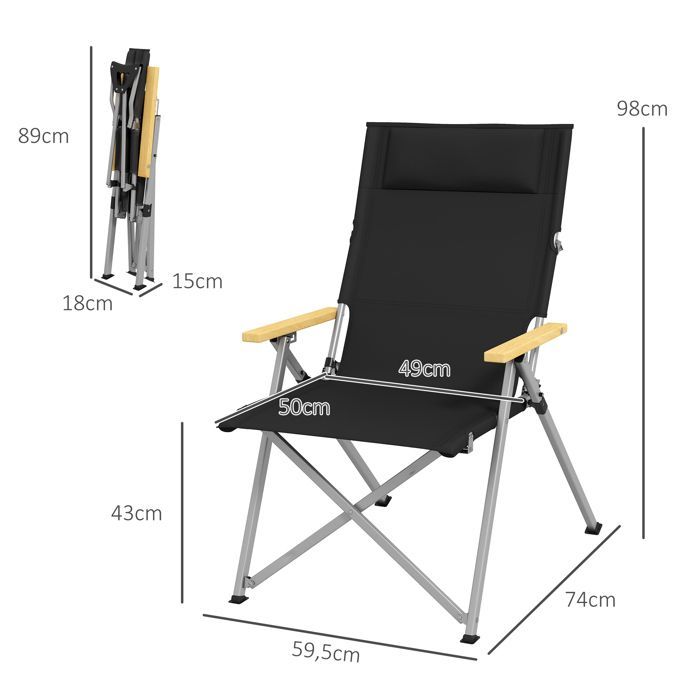 Campingstuhl – Outsunny – faltbar und tragbar – verstellbare Rückenlehne, gepolsterte Kopfstütze, Tasche – 74 x 59,5 x 98 cm – schwarz