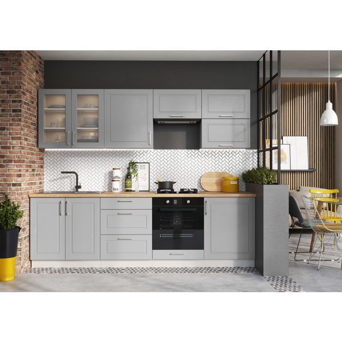 Cuisine complète MIA 260 cm emplacement four et lave-vaisselle encastrable - gris mat