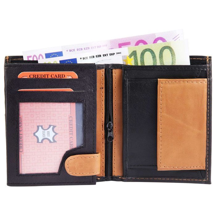 Men's wallet - Sedat - Black/brown sheepskin leather - Compact vertical format - 8 card slots