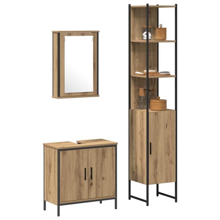 Conjunto de muebles de baño - 3 piezas - Roble artesanal - Acabado mate - Estilo contemporáneo