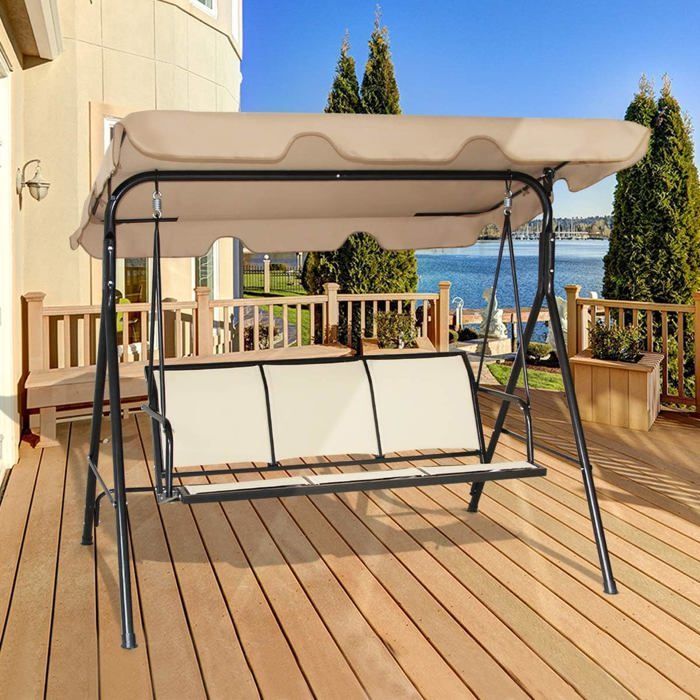Altalena da giardino a 3 posti COSTWAY in poliestere e acciaio con tettuccio regolabile resistente ai raggi UV per balcone e terrazzo, 170 x 110 x 150 cm.