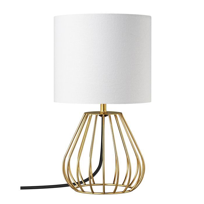 Lámpara de mesa EDISHINE, metal dorado y lino blanco, bombilla LED E27 de 2700 K incluida, 29 cm de altura.