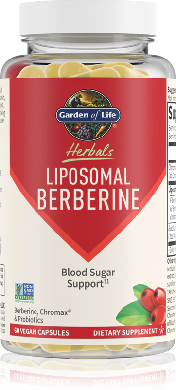 Cápsulas de suplemento alimentar de berberina lipossomal da Garden of Life Herbals para manter níveis saudáveis de açúcar no sangue.