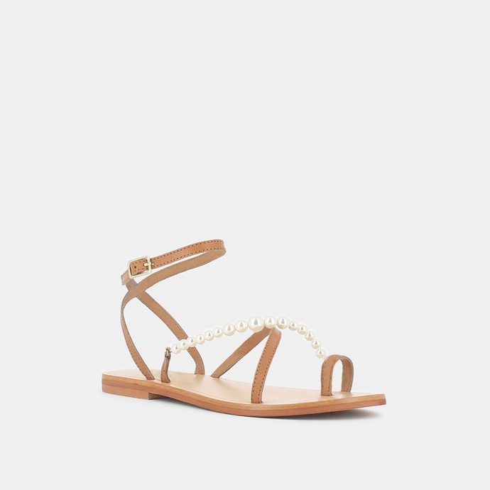 Sandales à brides et perles  en cuir camel