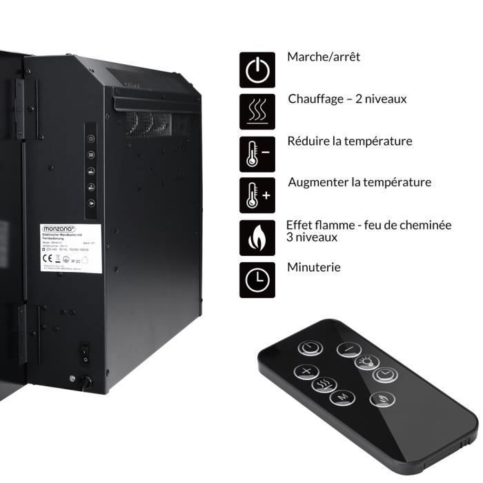 Cheminée murale électrique noire MONZANA - Effet flamme illusion - 1800 W - Télécommande - Minuterie