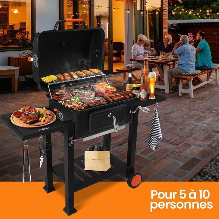 Barbecue Charbon de Bois avec Couvercle, Thermomètre, Bac à Charbon Réglable, 2 Tablettes Rabattable, Brosse de Nettoyage