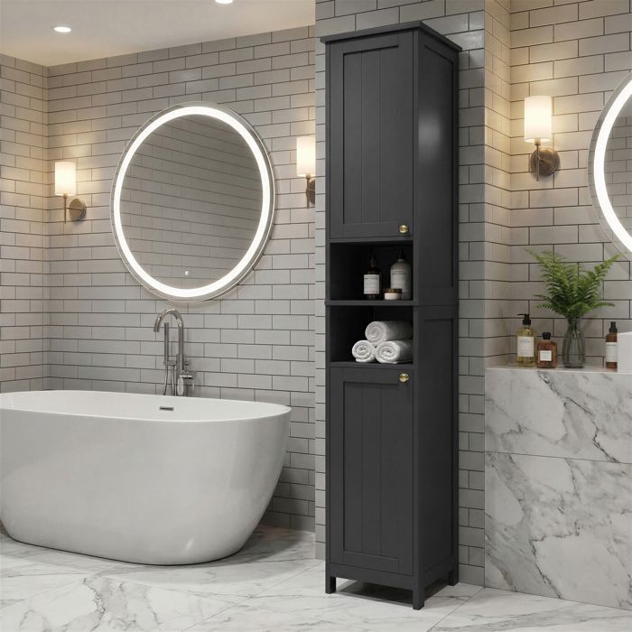 Badkamerkolom, verstelbare planken, moderne hoge kast voor kleine ruimtes, verlichting, zwart