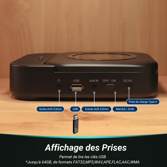 Lecteur CD Portable August SE15 Bluetooth 5.3 avec Haut-parleurs Stéréo Intégrés
